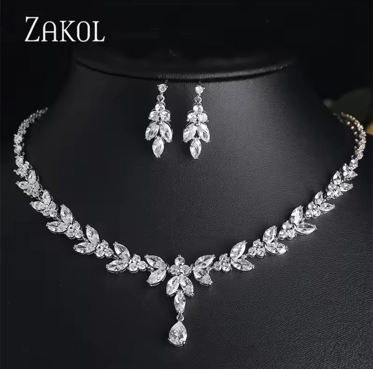 Zakol Luxe Brilliant Zirconia Blad Ketting Oorbellen Ringen Armbanden Set Voor Vrouwen Cz Drop Bridal Wedding Sieraden Sets Nieuwe