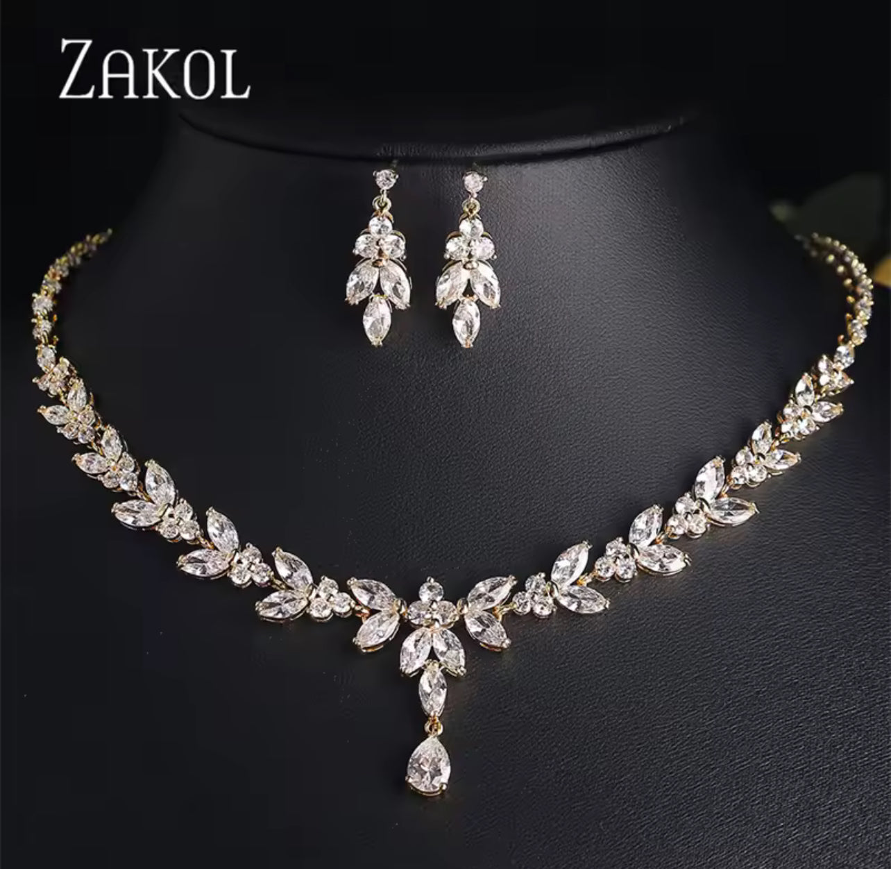 Zakol Luxe Brilliant Zirconia Blad Ketting Oorbellen Ringen Armbanden Set Voor Vrouwen Cz Drop Bridal Wedding Sieraden Sets Nieuwe